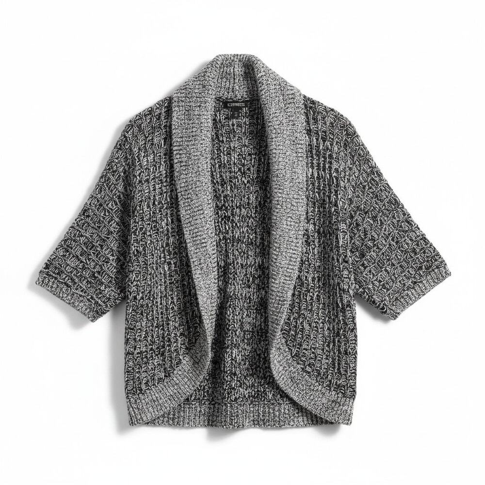 EXPRESS Womens Chunky Knit 3/4 Sleeve Open Cardigan Black White XS Minimalist